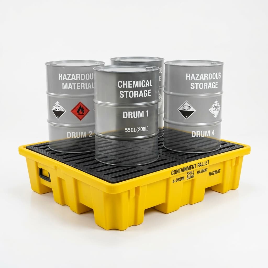 Industrial Spill Containment Pallet for 4 Oil Drums (Yellow Sump with Drain)