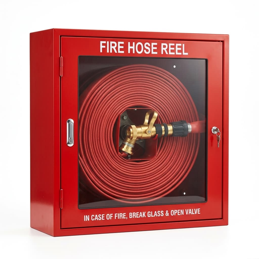 Fire Hose Reel Steel Cabinet with 30m Rubber Hose & Brass Jet Spray Nozzle