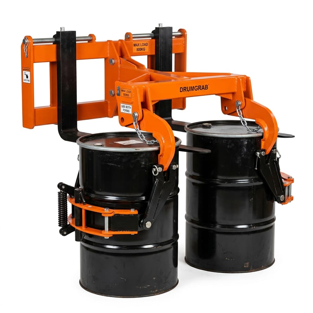 Double Drum Lifter Attachment for 200L Steel & Plastic Drums (Mechanical Auto-Grip)