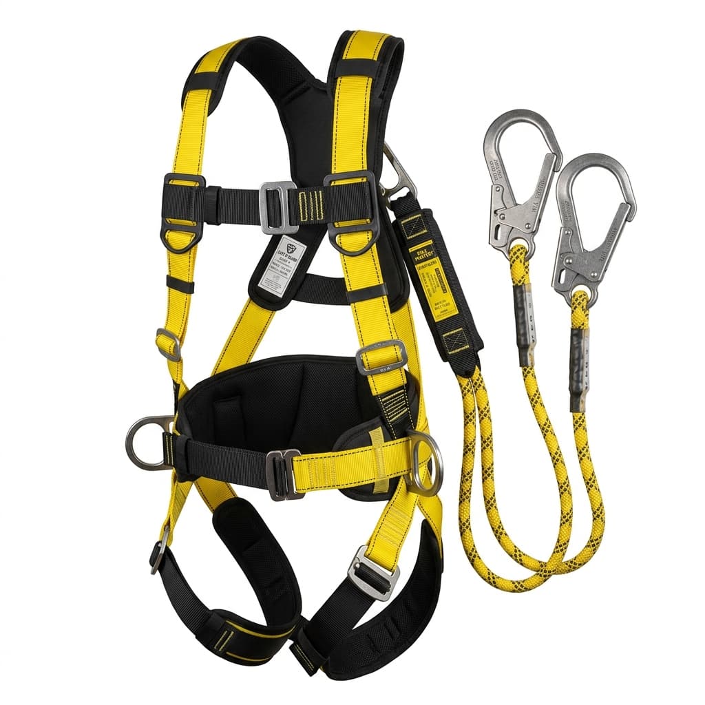 Full Body Fall Protection Safety Harness with Shock Absorbing Lanyard