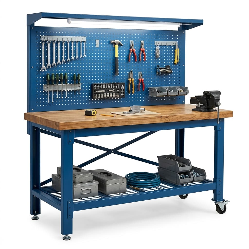 Heavy-Duty Workshop Steel Workbench 1800x800 mm with Perforated Pegboard & LED
