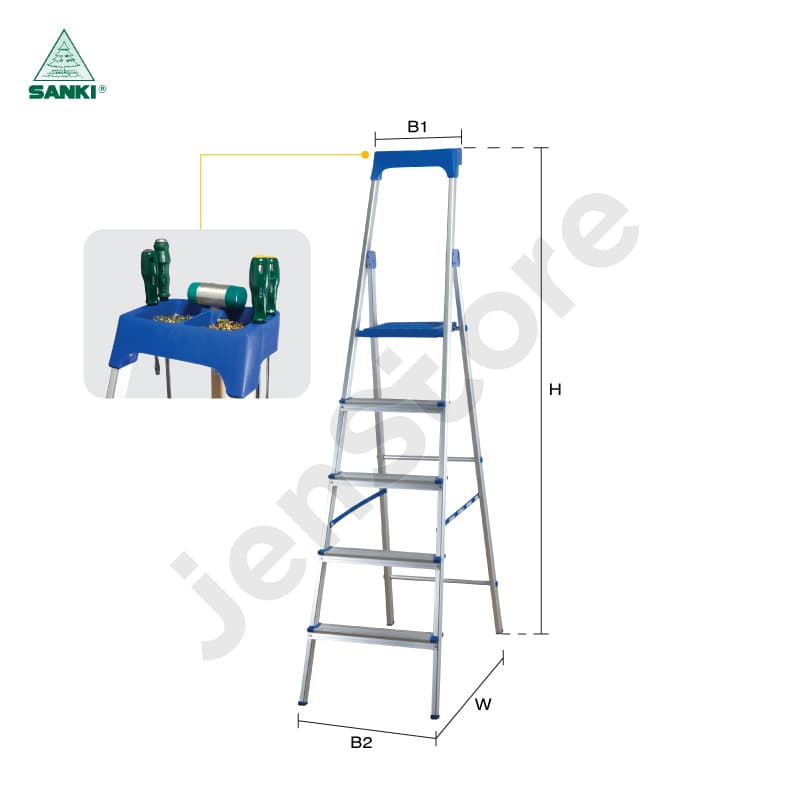 SANKI Heavy Duty Aluminum Step Ladder 5 Steps with Multifunction Tool Tray